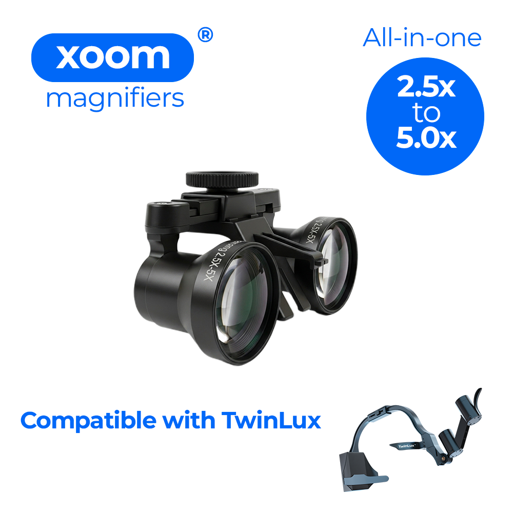 Klaroptix Xoom Magnifiers for TwinLux with 2.5x to 5x zoom, all-in-one optical magnifier for enhanced viewing.
