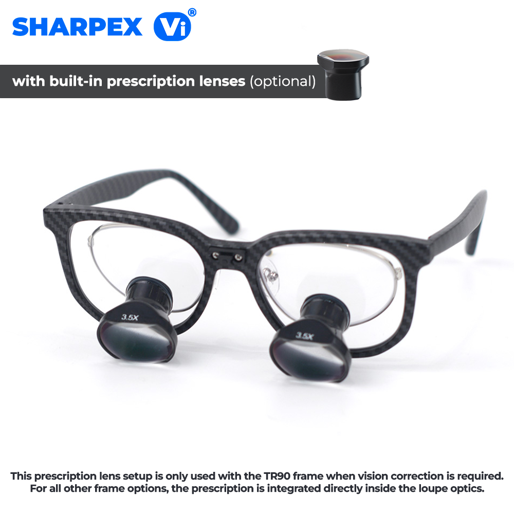 Klaroptix Sharpex Vi® eyeglasses with built-in prescription lenses, stylish frame and clear lens detail.