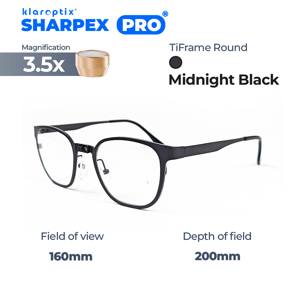 Black Sharpex Pro 3.5 round sunglasses by Klaroptix with sleek black frames and tinted lenses.