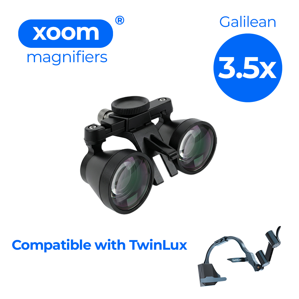 Klaroptix Xoom Magnifiers for TwinLux, 3.5x Galilean magnifier with glass lens and sturdy frame, designed for enhanced viewing.