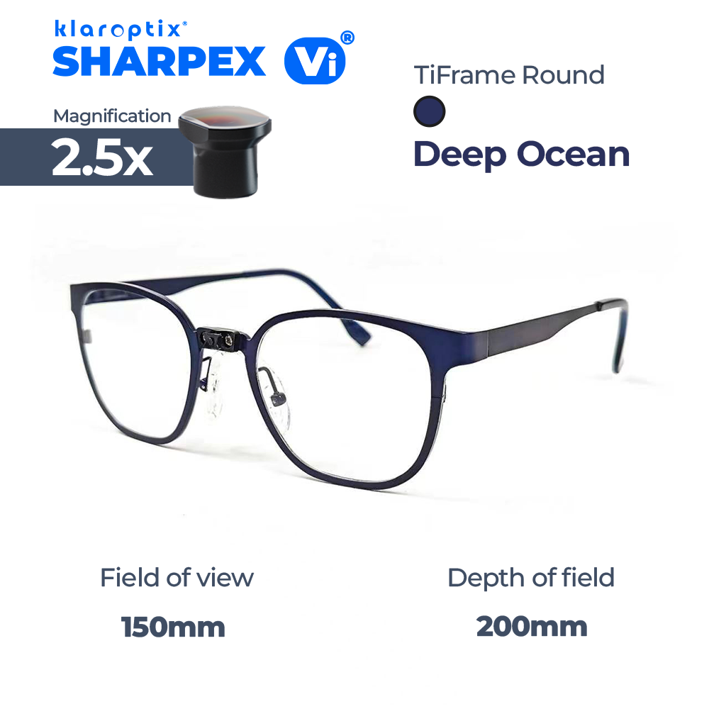 Klaroptix Sharpex Vi® 2.5x blue round magnifying lens for enhanced viewing and detailed inspection.