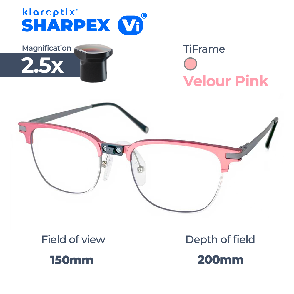 Sharpex Vi® pink velour binoculars by Klaroptix with 2.5x magnification and soft velour finish for comfortable viewing.