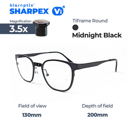 Black Sharpex Vi® 3.5x magnifying lens from Klaroptix with round shape, showcasing its compact and sleek design.